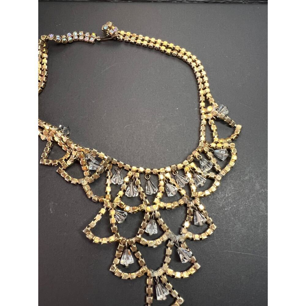 Vintage AB Rhinestone Bib Necklace Clear Glass Dangles Gold Tone - Picture 3 of 12